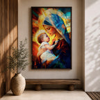 A stained glass style depiction of Virgin Mary holding the infant Jesus, featuring geometric shapes and vibrant colors that create a mosaic effect, emphasizing the tender interaction between mother and child in a Christian religious portrait.