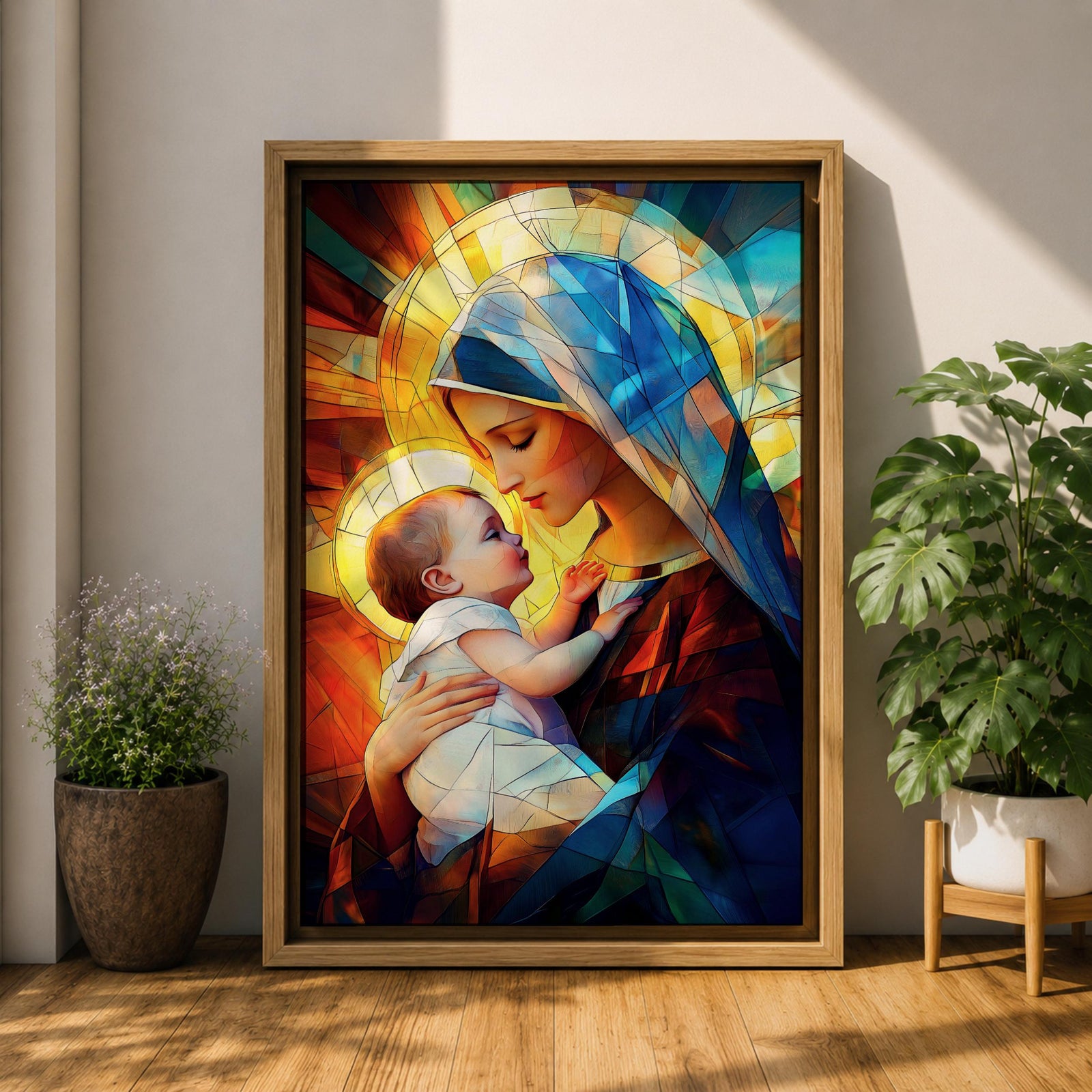 A stained glass style depiction of Virgin Mary holding the infant Jesus, featuring geometric shapes and vibrant colors that create a mosaic effect, emphasizing the tender interaction between mother and child in a Christian religious portrait.