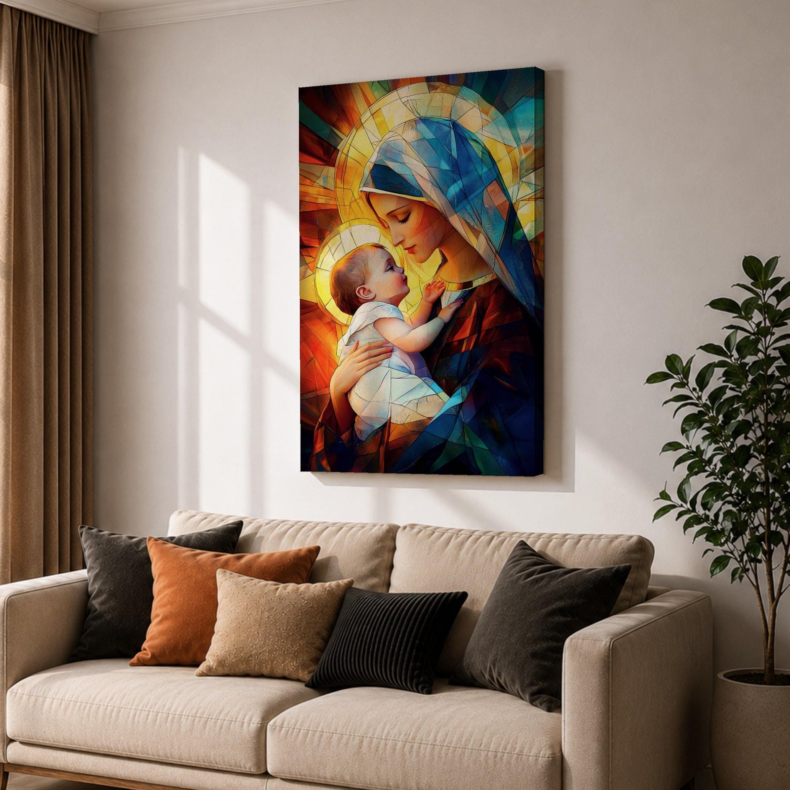A stained glass style depiction of Virgin Mary holding the infant Jesus, featuring geometric shapes and vibrant colors that create a mosaic effect, emphasizing the tender interaction between mother and child in a Christian religious portrait.