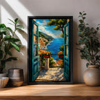 A vibrant painting depicting an open Mediterranean window looking out onto a coastal balcony with terracotta rooftops, lush greenery, and a bright blue sea under a partly cloudy sky. The artwork captures a serene landscape scene with detailed brushwork and a warm, inviting atmosphere.