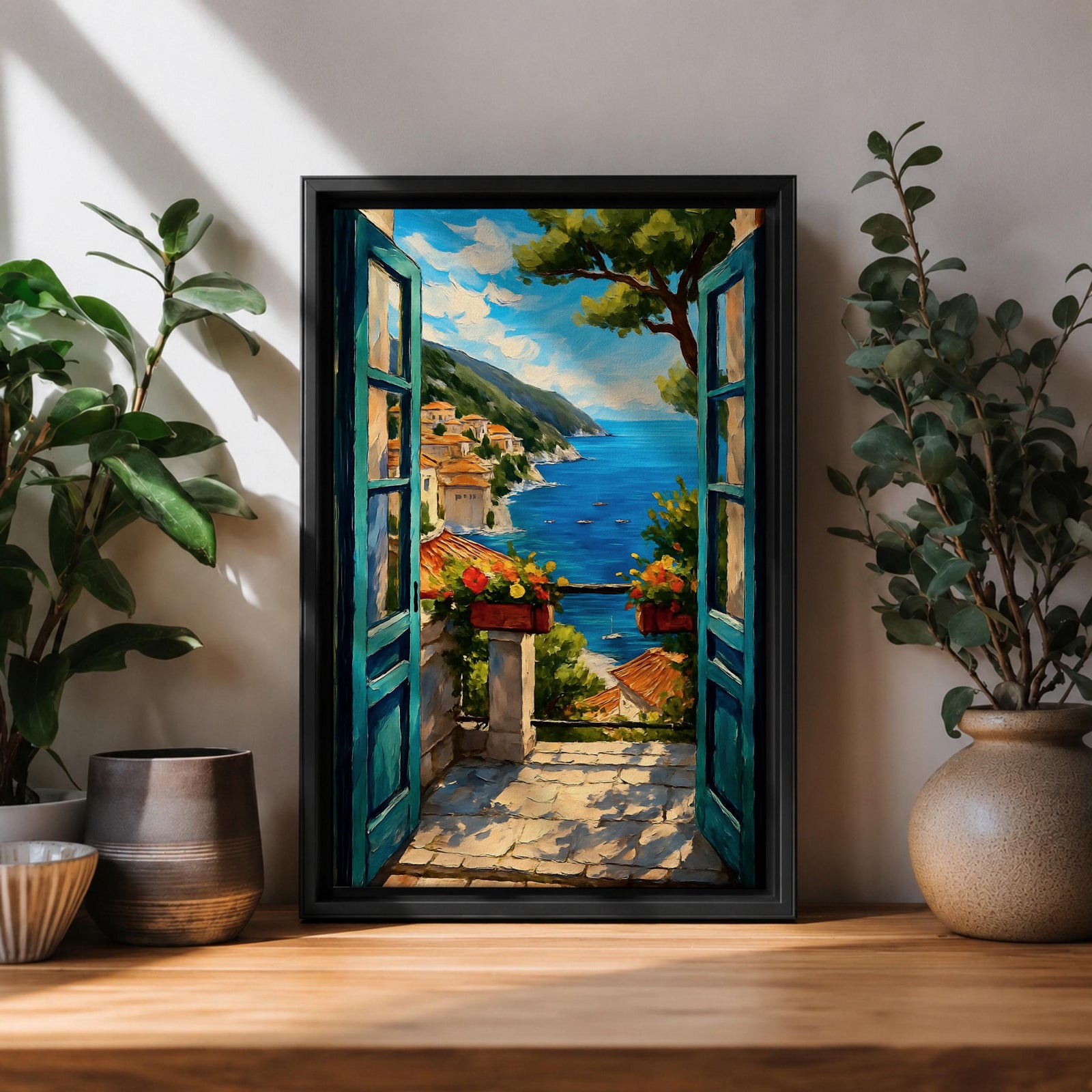 A vibrant painting depicting an open Mediterranean window looking out onto a coastal balcony with terracotta rooftops, lush greenery, and a bright blue sea under a partly cloudy sky. The artwork captures a serene landscape scene with detailed brushwork and a warm, inviting atmosphere.