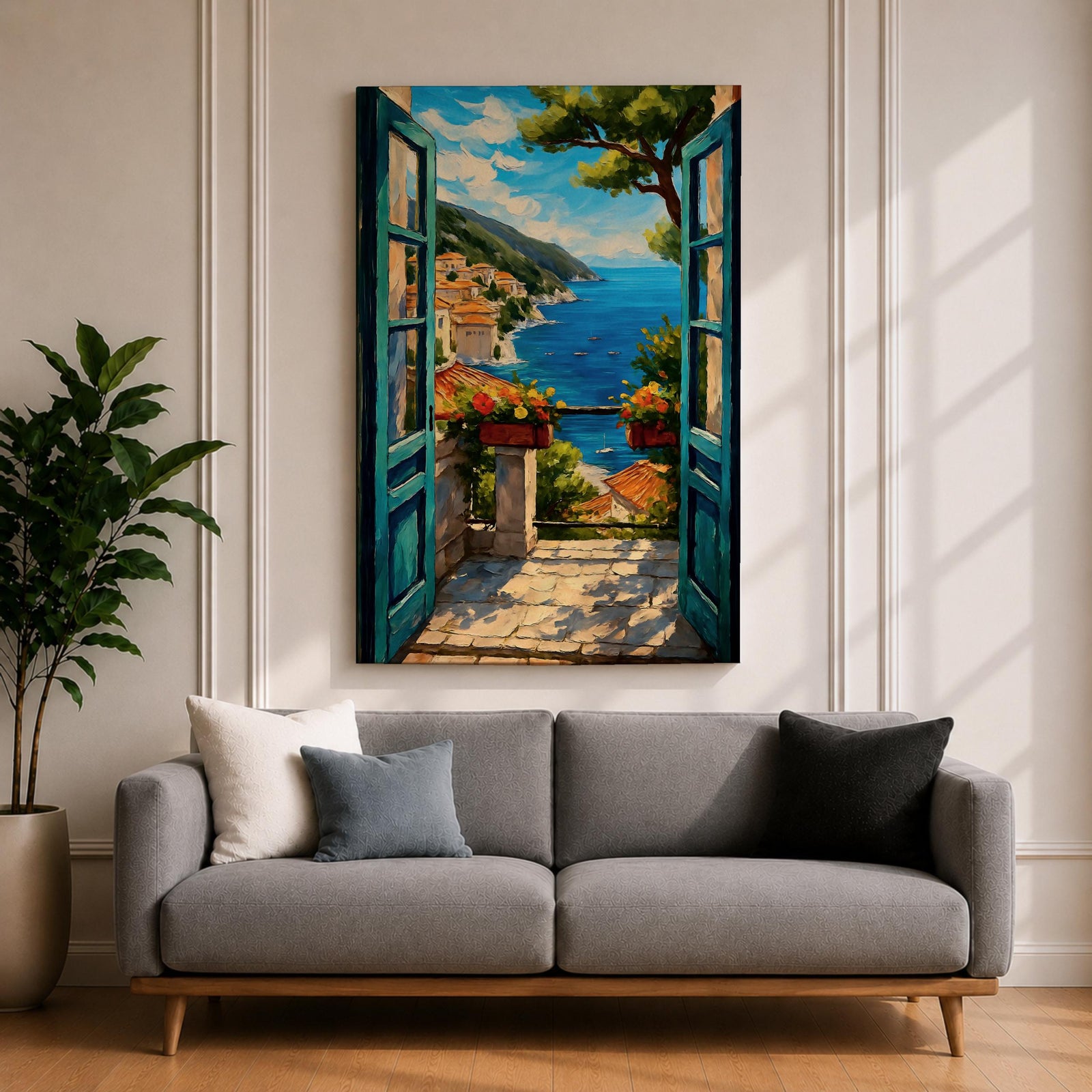 A vibrant painting depicting an open Mediterranean window looking out onto a coastal balcony with terracotta rooftops, lush greenery, and a bright blue sea under a partly cloudy sky. The artwork captures a serene landscape scene with detailed brushwork and a warm, inviting atmosphere.