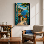 A vibrant painting depicting an open Mediterranean window looking out onto a coastal balcony with terracotta rooftops, lush greenery, and a bright blue sea under a partly cloudy sky. The artwork captures a serene landscape scene with detailed brushwork and a warm, inviting atmosphere.