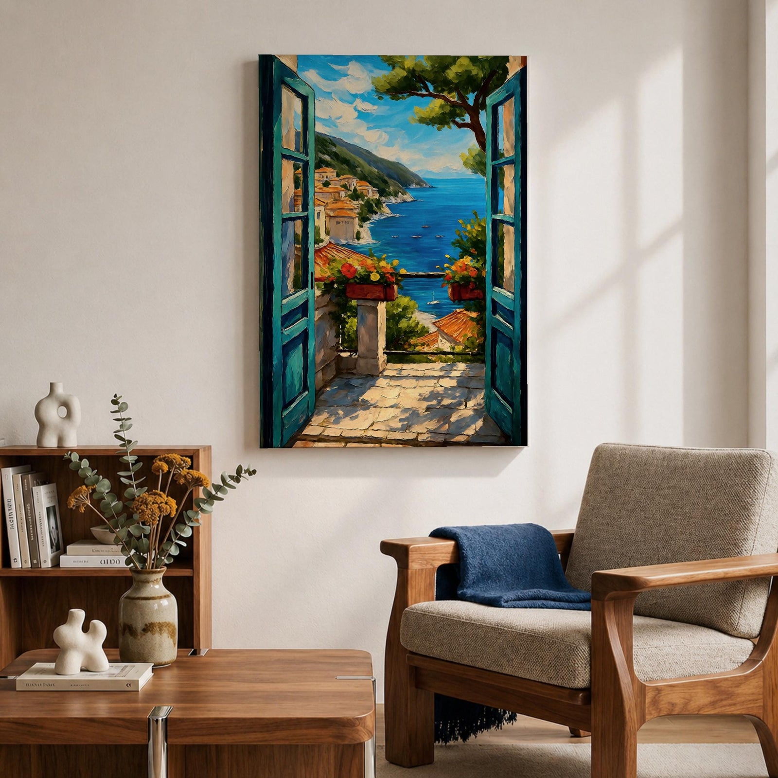 A vibrant painting depicting an open Mediterranean window looking out onto a coastal balcony with terracotta rooftops, lush greenery, and a bright blue sea under a partly cloudy sky. The artwork captures a serene landscape scene with detailed brushwork and a warm, inviting atmosphere.