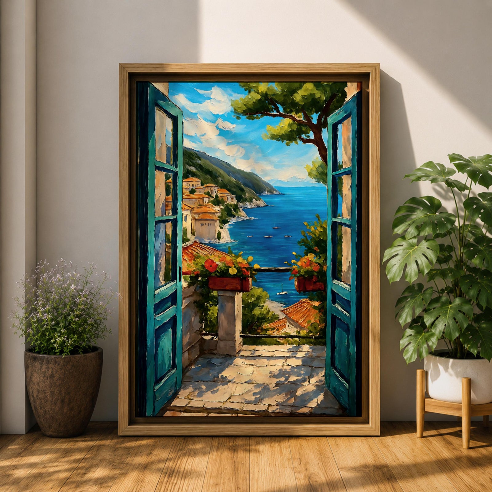 A vibrant painting depicting an open Mediterranean window looking out onto a coastal balcony with terracotta rooftops, lush greenery, and a bright blue sea under a partly cloudy sky. The artwork captures a serene landscape scene with detailed brushwork and a warm, inviting atmosphere.