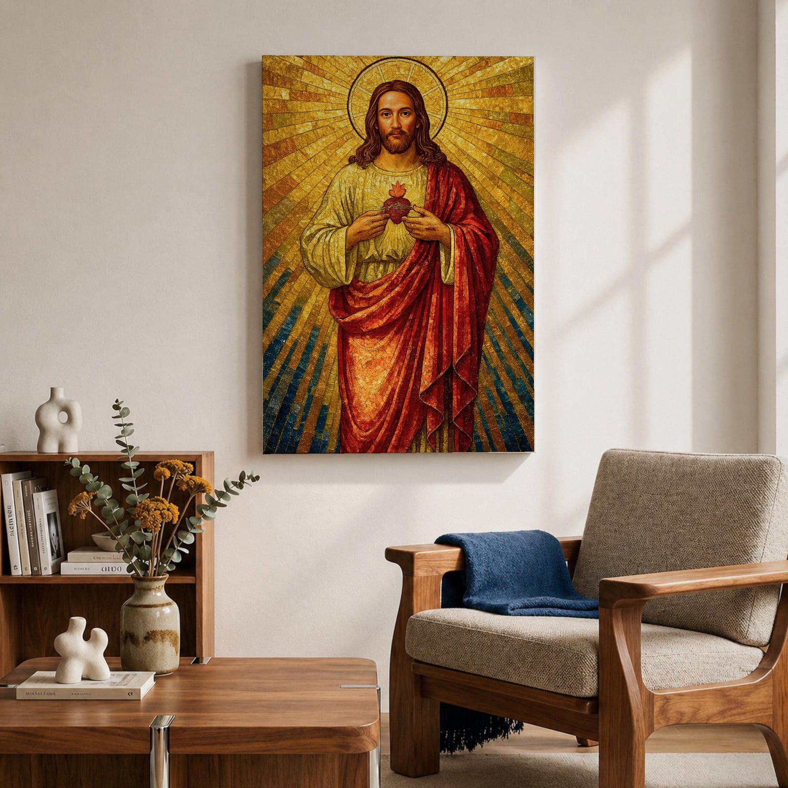 A mosaic-style depiction of the Sacred Heart of Jesus shows Jesus with a radiant golden halo and rays emanating behind him. He wears a red robe over a white garment and holds a flaming heart at his chest. The artwork features intricate mosaic tile textures and vibrant colors.