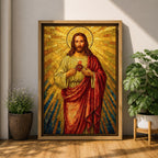 A mosaic-style depiction of the Sacred Heart of Jesus shows Jesus with a radiant golden halo and rays emanating behind him. He wears a red robe over a white garment and holds a flaming heart at his chest. The artwork features intricate mosaic tile textures and vibrant colors.