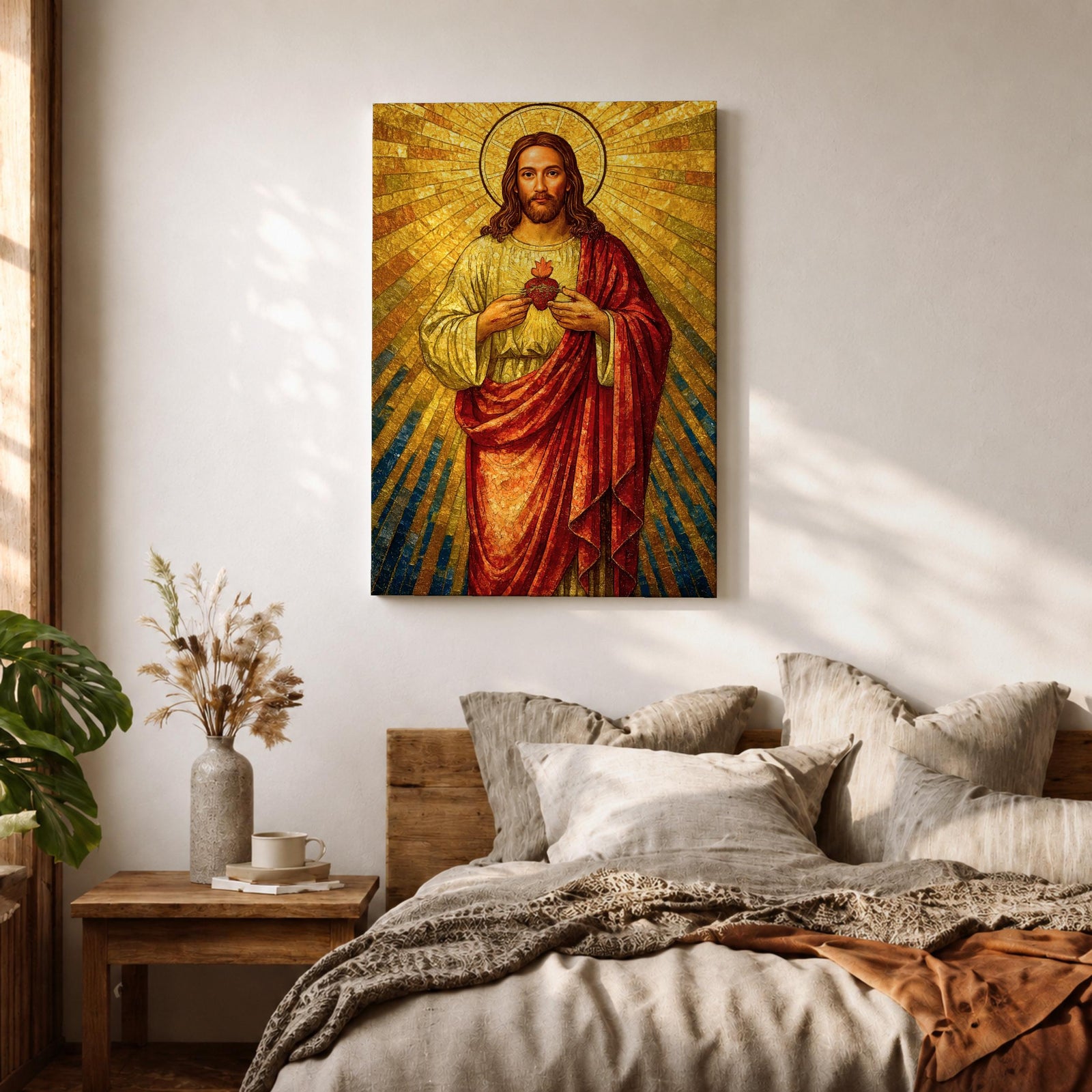 A mosaic-style depiction of the Sacred Heart of Jesus shows Jesus with a radiant golden halo and rays emanating behind him. He wears a red robe over a white garment and holds a flaming heart at his chest. The artwork features intricate mosaic tile textures and vibrant colors.