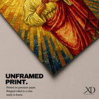 A mosaic-style depiction of the Sacred Heart of Jesus shows Jesus with a radiant golden halo and rays emanating behind him. He wears a red robe over a white garment and holds a flaming heart at his chest. The artwork features intricate mosaic tile textures and vibrant colors.