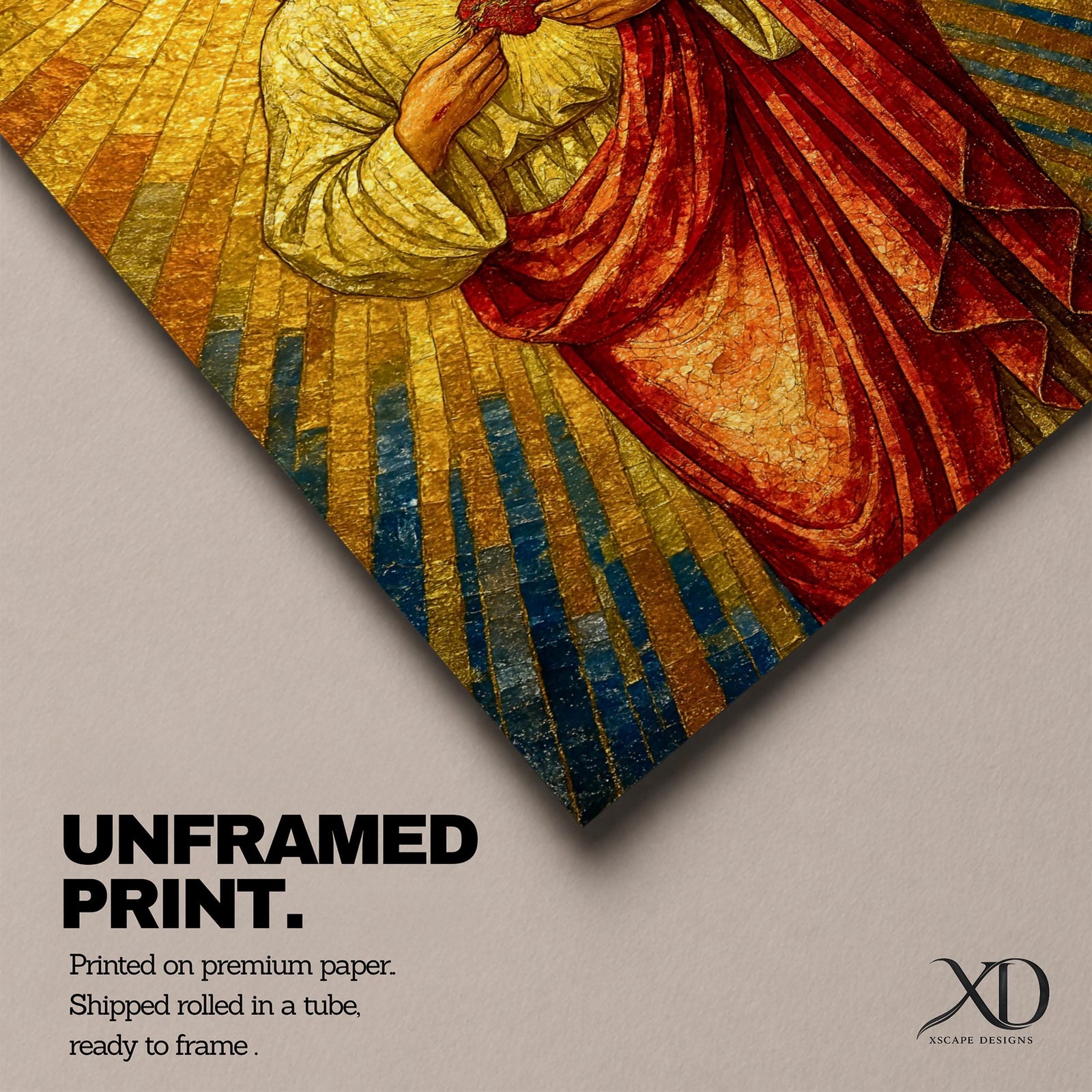 A mosaic-style depiction of the Sacred Heart of Jesus shows Jesus with a radiant golden halo and rays emanating behind him. He wears a red robe over a white garment and holds a flaming heart at his chest. The artwork features intricate mosaic tile textures and vibrant colors.