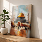 Textured impressionist painting of the golden Dome of the Rock within the Jerusalem Old City courtyard near Masjid Al Aqsa, showing worshippers gathered in the plaza beneath the shining dome and surrounding Islamic architecture rendered with expressive brushstrokes and warm reflective tones.