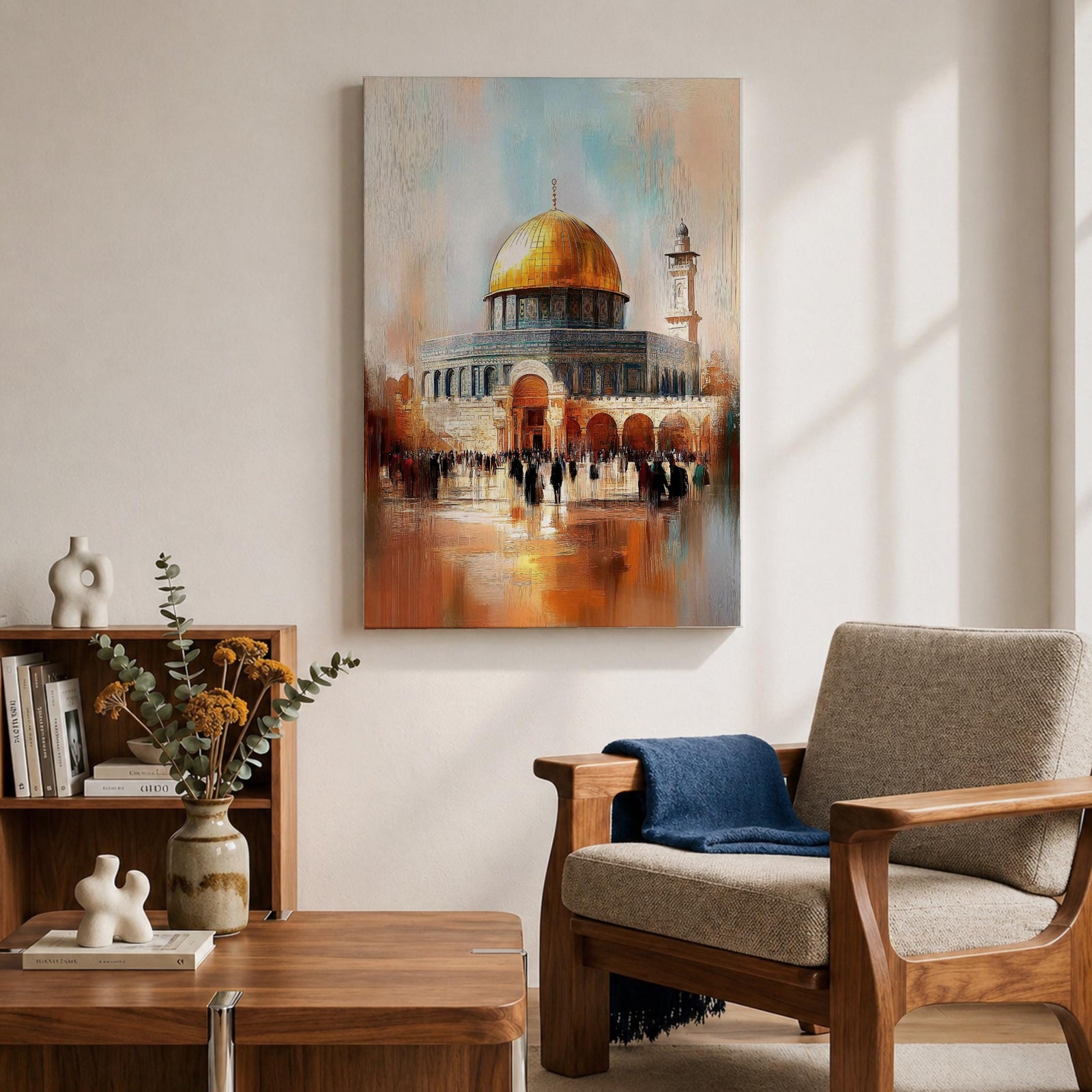 Textured impressionist painting of the golden Dome of the Rock within the Jerusalem Old City courtyard near Masjid Al Aqsa, showing worshippers gathered in the plaza beneath the shining dome and surrounding Islamic architecture rendered with expressive brushstrokes and warm reflective tones.