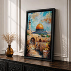 Textured oil-style painting of the Dome of the Rock with its glowing golden dome rising above historic Jerusalem stone arches and a nearby minaret, with small figures walking through the ancient passageways and vibrant sky colors creating a dramatic sacred city atmosphere.