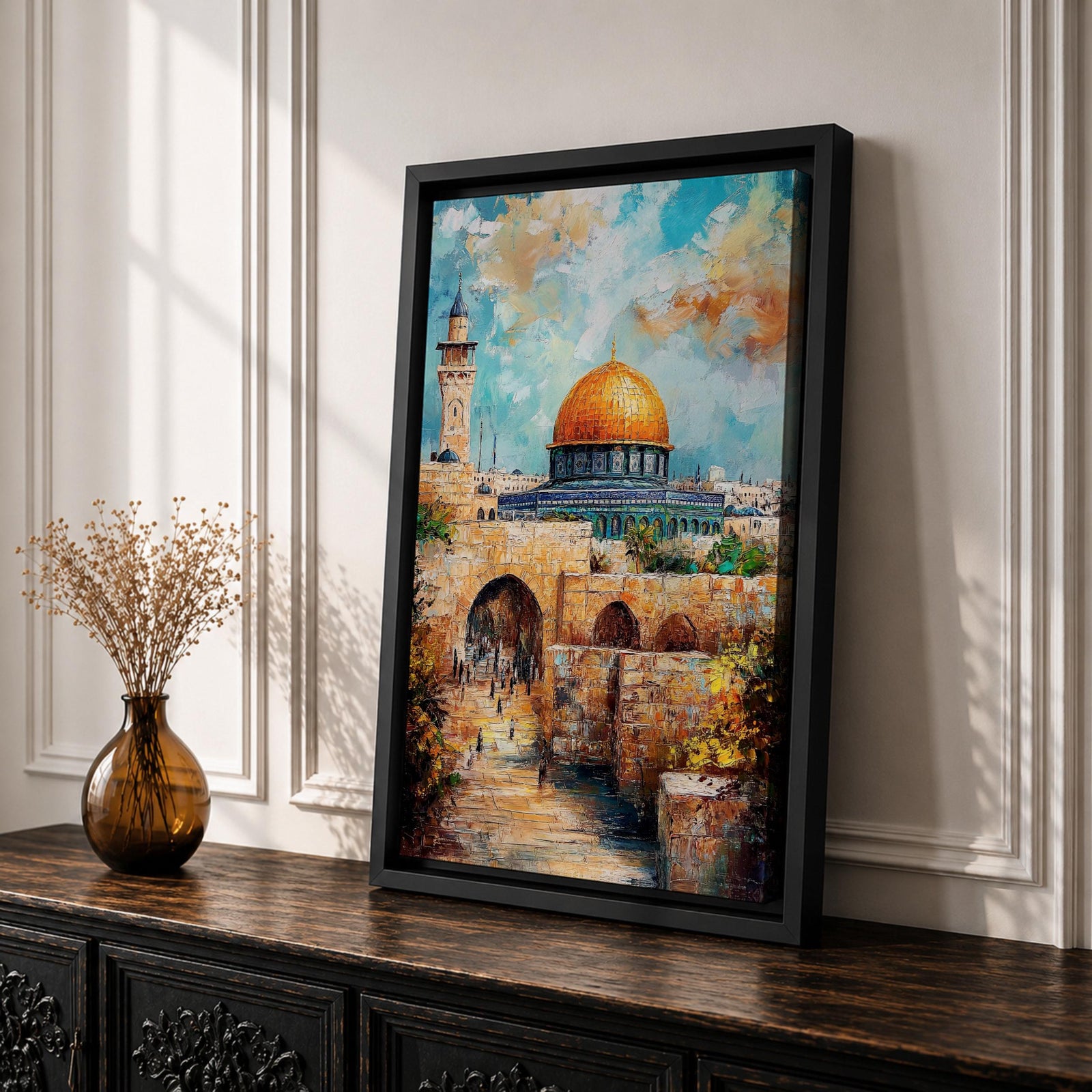 Textured oil-style painting of the Dome of the Rock with its glowing golden dome rising above historic Jerusalem stone arches and a nearby minaret, with small figures walking through the ancient passageways and vibrant sky colors creating a dramatic sacred city atmosphere.