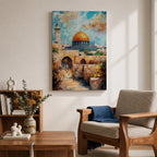 Textured oil-style painting of the Dome of the Rock with its glowing golden dome rising above historic Jerusalem stone arches and a nearby minaret, with small figures walking through the ancient passageways and vibrant sky colors creating a dramatic sacred city atmosphere.