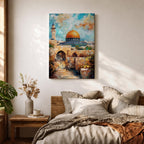 Textured oil-style painting of the Dome of the Rock with its glowing golden dome rising above historic Jerusalem stone arches and a nearby minaret, with small figures walking through the ancient passageways and vibrant sky colors creating a dramatic sacred city atmosphere.