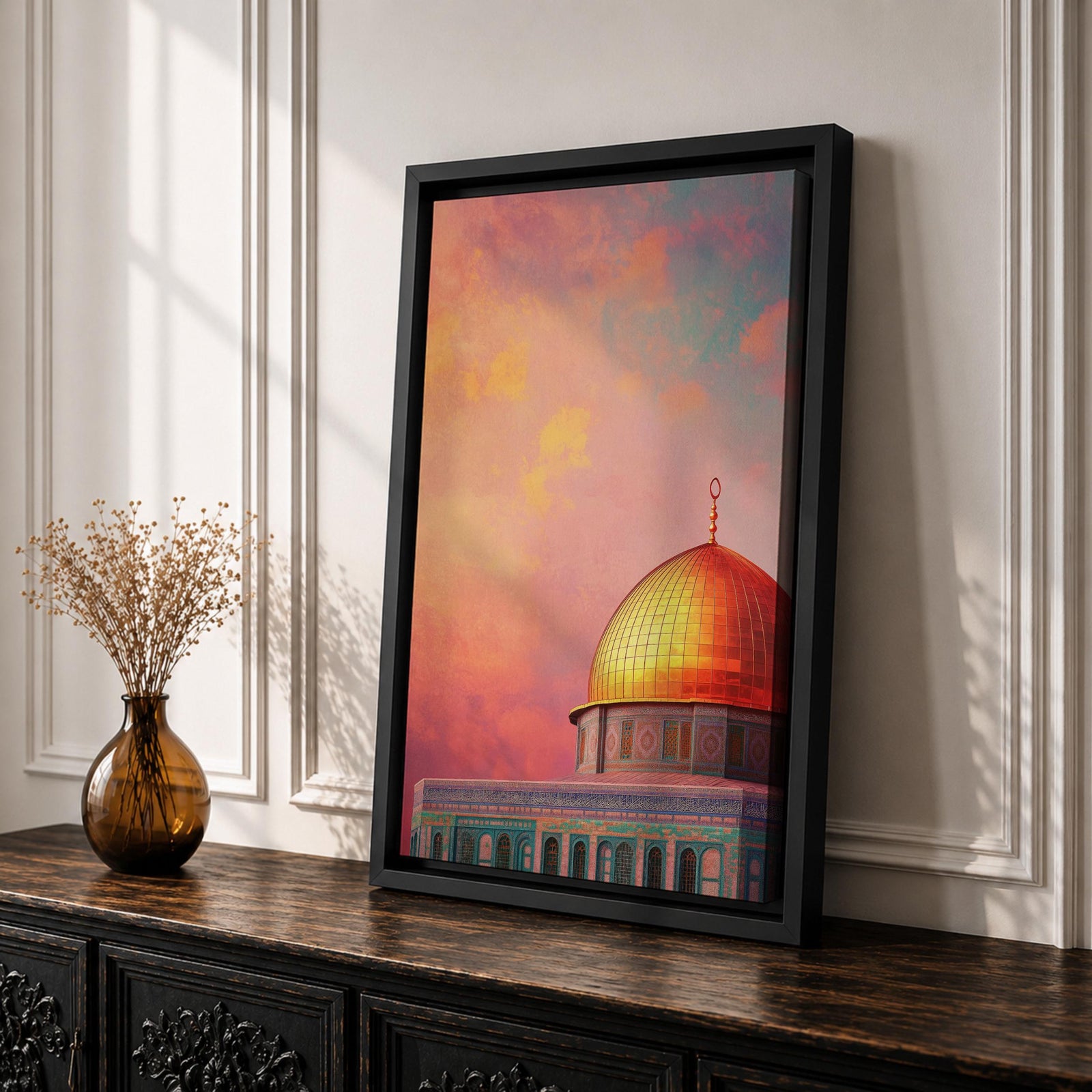 Artistic painting of the Dome of the Rock with its radiant golden dome rising above the Al-Aqsa compound in Jerusalem, set against a dramatic sunset sky filled with warm pink, orange, and golden clouds that illuminate the iconic Islamic shrine and highlight its sacred architectural beauty.