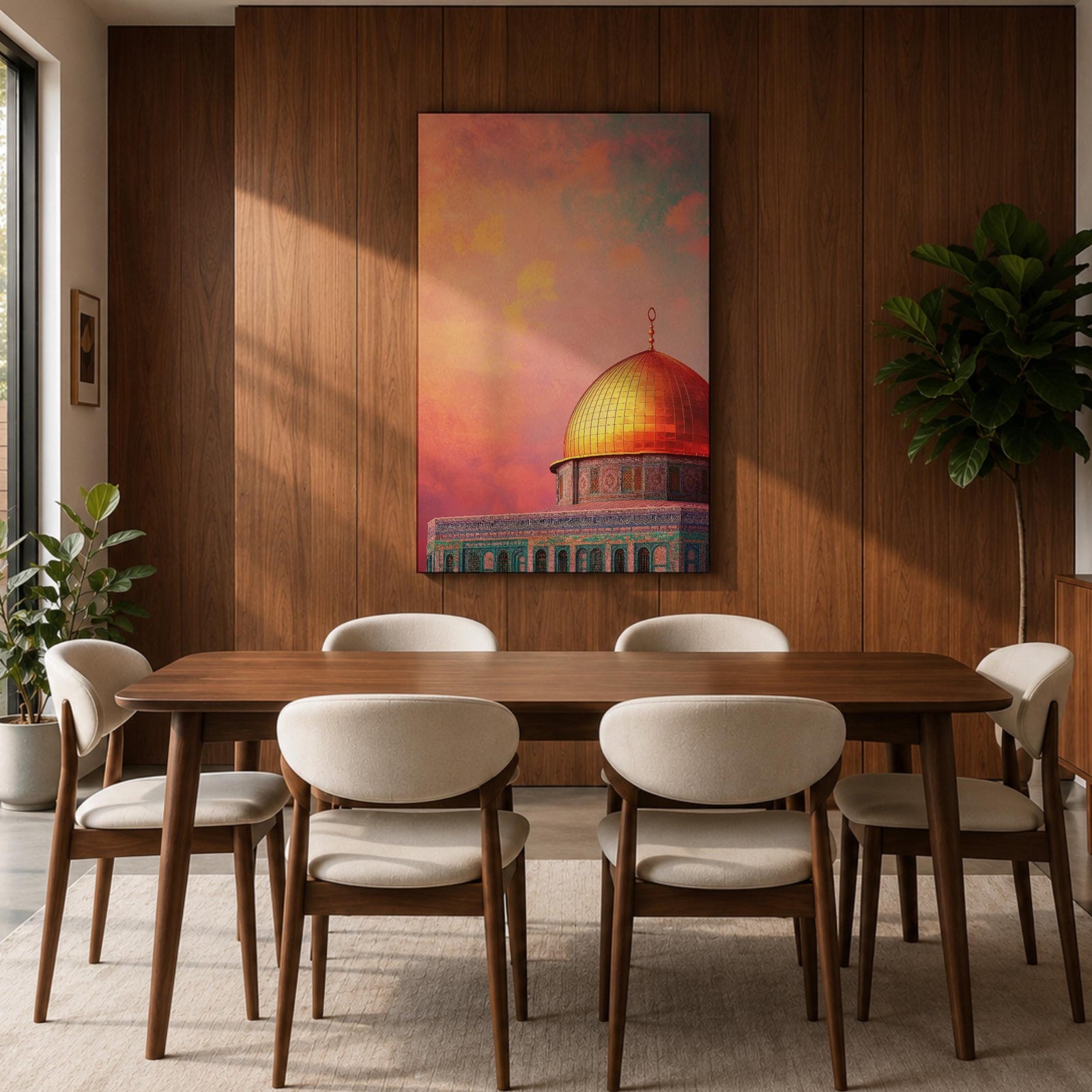 Artistic painting of the Dome of the Rock with its radiant golden dome rising above the Al-Aqsa compound in Jerusalem, set against a dramatic sunset sky filled with warm pink, orange, and golden clouds that illuminate the iconic Islamic shrine and highlight its sacred architectural beauty.