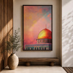 Artistic painting of the Dome of the Rock with its radiant golden dome rising above the Al-Aqsa compound in Jerusalem, set against a dramatic sunset sky filled with warm pink, orange, and golden clouds that illuminate the iconic Islamic shrine and highlight its sacred architectural beauty.