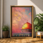 Artistic painting of the Dome of the Rock with its radiant golden dome rising above the Al-Aqsa compound in Jerusalem, set against a dramatic sunset sky filled with warm pink, orange, and golden clouds that illuminate the iconic Islamic shrine and highlight its sacred architectural beauty.