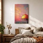 Artistic painting of the Dome of the Rock with its radiant golden dome rising above the Al-Aqsa compound in Jerusalem, set against a dramatic sunset sky filled with warm pink, orange, and golden clouds that illuminate the iconic Islamic shrine and highlight its sacred architectural beauty.