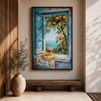 A vibrant framed canvas painting depicting a lemon tree bursting with ripe yellow lemons viewed through an open blue window overlooking a coastal Mediterranean scene. The artwork captures lush green leaves, a floral cloth on the windowsill, and a distant sea horizon in a realistic natural style.