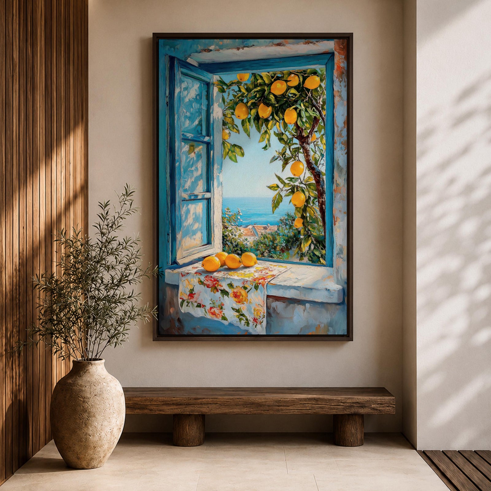 A vibrant framed canvas painting depicting a lemon tree bursting with ripe yellow lemons viewed through an open blue window overlooking a coastal Mediterranean scene. The artwork captures lush green leaves, a floral cloth on the windowsill, and a distant sea horizon in a realistic natural style.