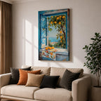 A vibrant framed canvas painting depicting a lemon tree bursting with ripe yellow lemons viewed through an open blue window overlooking a coastal Mediterranean scene. The artwork captures lush green leaves, a floral cloth on the windowsill, and a distant sea horizon in a realistic natural style.