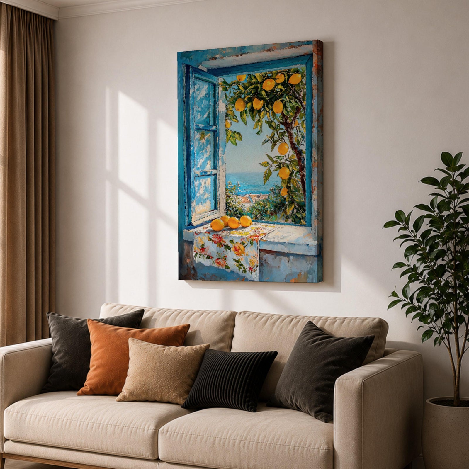 A vibrant framed canvas painting depicting a lemon tree bursting with ripe yellow lemons viewed through an open blue window overlooking a coastal Mediterranean scene. The artwork captures lush green leaves, a floral cloth on the windowsill, and a distant sea horizon in a realistic natural style.