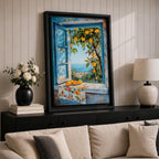 A vibrant framed canvas painting depicting a lemon tree bursting with ripe yellow lemons viewed through an open blue window overlooking a coastal Mediterranean scene. The artwork captures lush green leaves, a floral cloth on the windowsill, and a distant sea horizon in a realistic natural style.