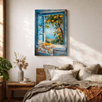 A vibrant framed canvas painting depicting a lemon tree bursting with ripe yellow lemons viewed through an open blue window overlooking a coastal Mediterranean scene. The artwork captures lush green leaves, a floral cloth on the windowsill, and a distant sea horizon in a realistic natural style.