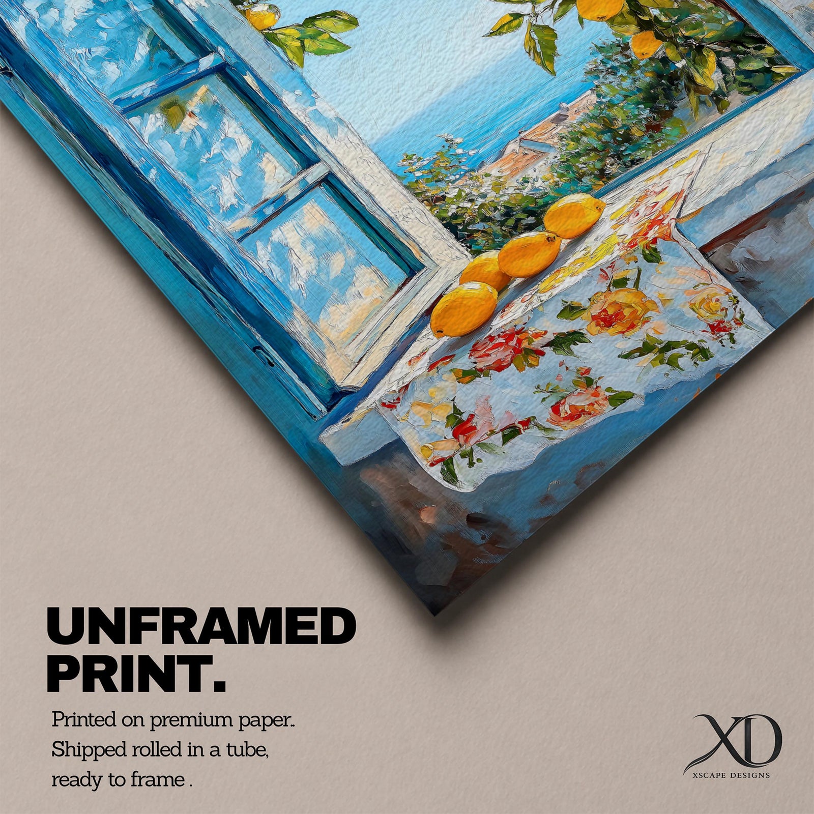 A vibrant framed canvas painting depicting a lemon tree bursting with ripe yellow lemons viewed through an open blue window overlooking a coastal Mediterranean scene. The artwork captures lush green leaves, a floral cloth on the windowsill, and a distant sea horizon in a realistic natural style.