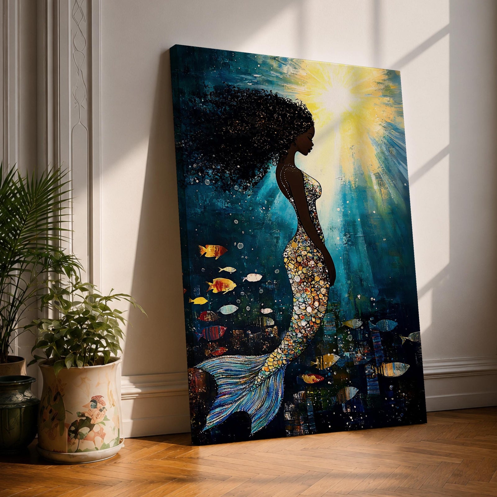 Black Mermaid Mythical Wall Art Sea Goddess Abstract Fantasy Ocean Gift Bedroom Home Decor