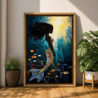 Black Mermaid Mythical Wall Art Sea Goddess Abstract Fantasy Ocean Gift Bedroom Home Decor