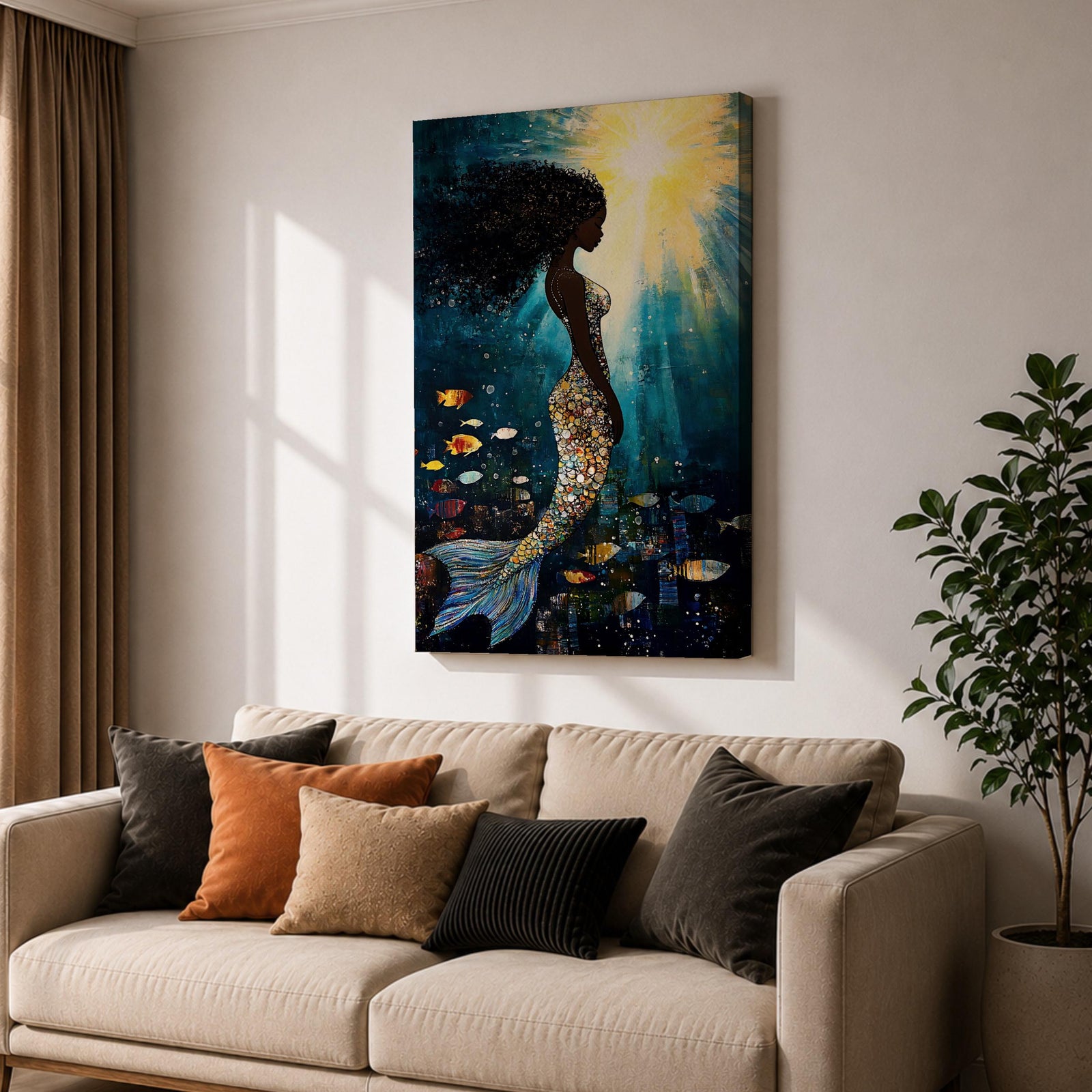 Black Mermaid Mythical Wall Art Sea Goddess Abstract Fantasy Ocean Gift Bedroom Home Decor
