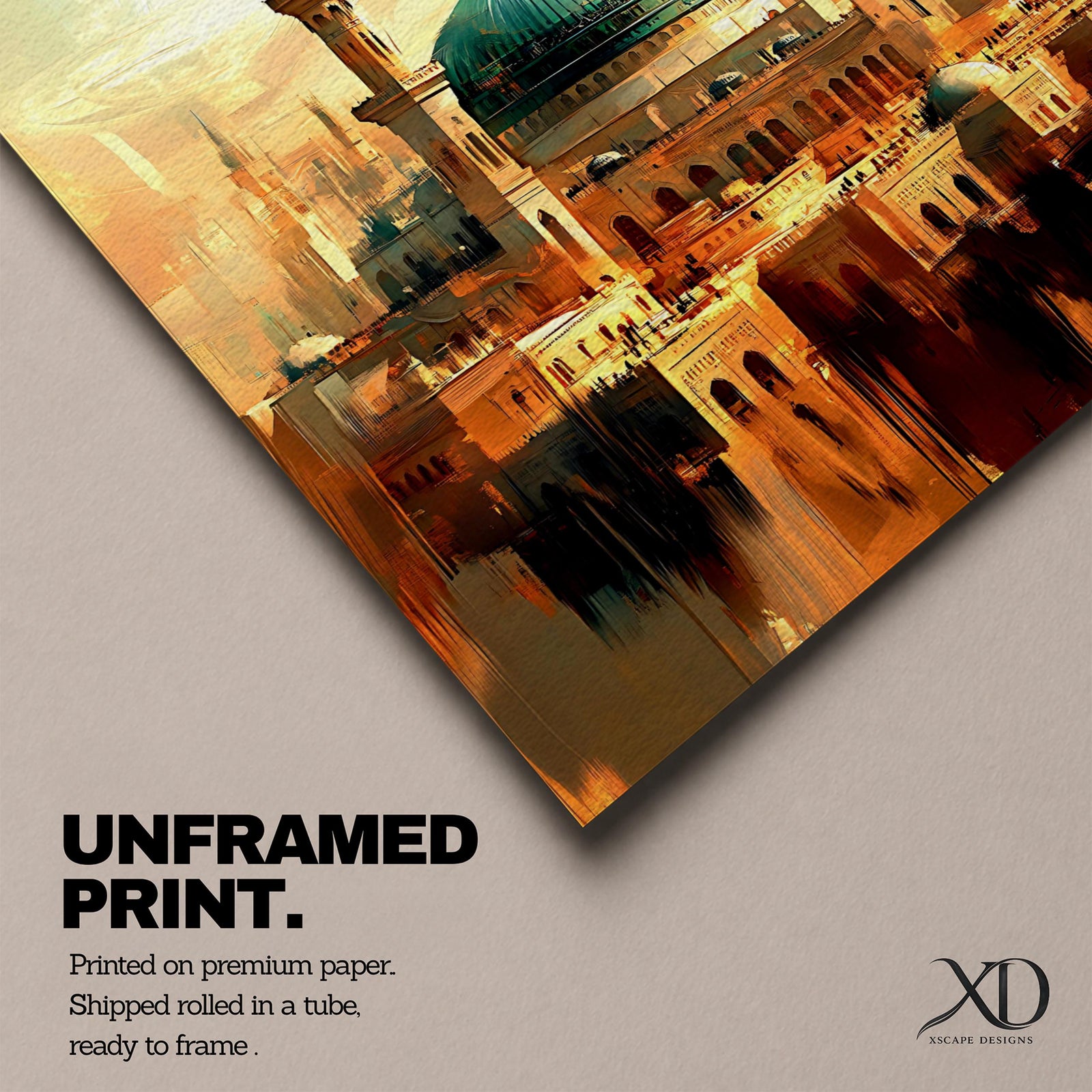 Vintage-style artwork of Masjid Al Nabawi in Medina featuring the iconic green dome rising above ornate mosque architecture and tall minarets, rendered with warm golden tones and textured brush effects that create a dramatic, aged interpretation of the Prophet’s Mosque and surrounding cityscape.
