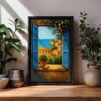 A framed canvas painting depicting a Mediterranean window opening to a seaside coastal view with terracotta-roofed houses, lush greenery, and a distant sailboat on the blue sea, rendered in a realistic landscape style with vibrant colors and detailed brushwork.