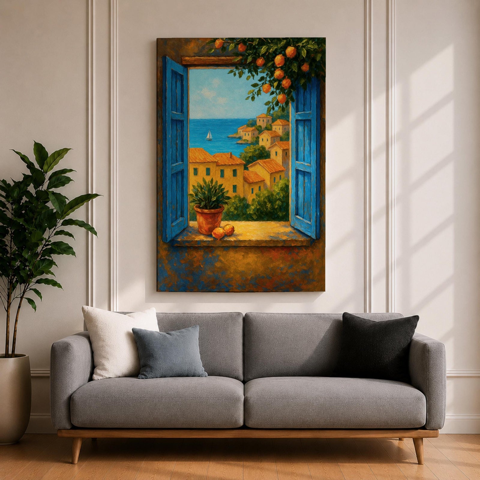 A framed canvas painting depicting a Mediterranean window opening to a seaside coastal view with terracotta-roofed houses, lush greenery, and a distant sailboat on the blue sea, rendered in a realistic landscape style with vibrant colors and detailed brushwork.