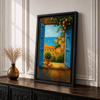 A framed canvas painting depicting a Mediterranean window opening to a seaside coastal view with terracotta-roofed houses, lush greenery, and a distant sailboat on the blue sea, rendered in a realistic landscape style with vibrant colors and detailed brushwork.