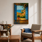 A framed canvas painting depicting a Mediterranean window opening to a seaside coastal view with terracotta-roofed houses, lush greenery, and a distant sailboat on the blue sea, rendered in a realistic landscape style with vibrant colors and detailed brushwork.