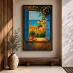 A framed canvas painting depicting a Mediterranean window opening to a seaside coastal view with terracotta-roofed houses, lush greenery, and a distant sailboat on the blue sea, rendered in a realistic landscape style with vibrant colors and detailed brushwork.