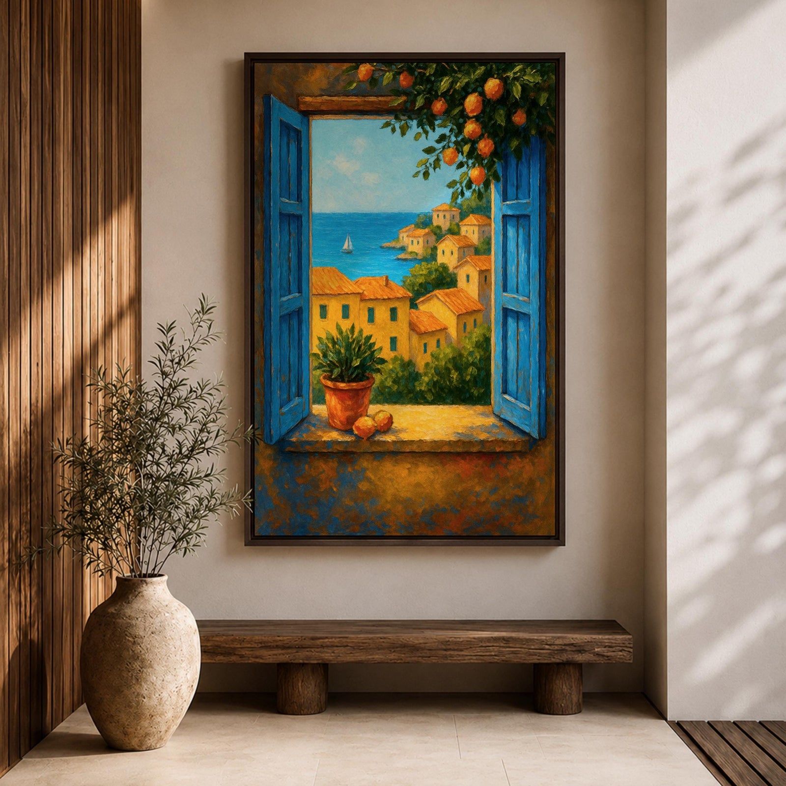 A framed canvas painting depicting a Mediterranean window opening to a seaside coastal view with terracotta-roofed houses, lush greenery, and a distant sailboat on the blue sea, rendered in a realistic landscape style with vibrant colors and detailed brushwork.