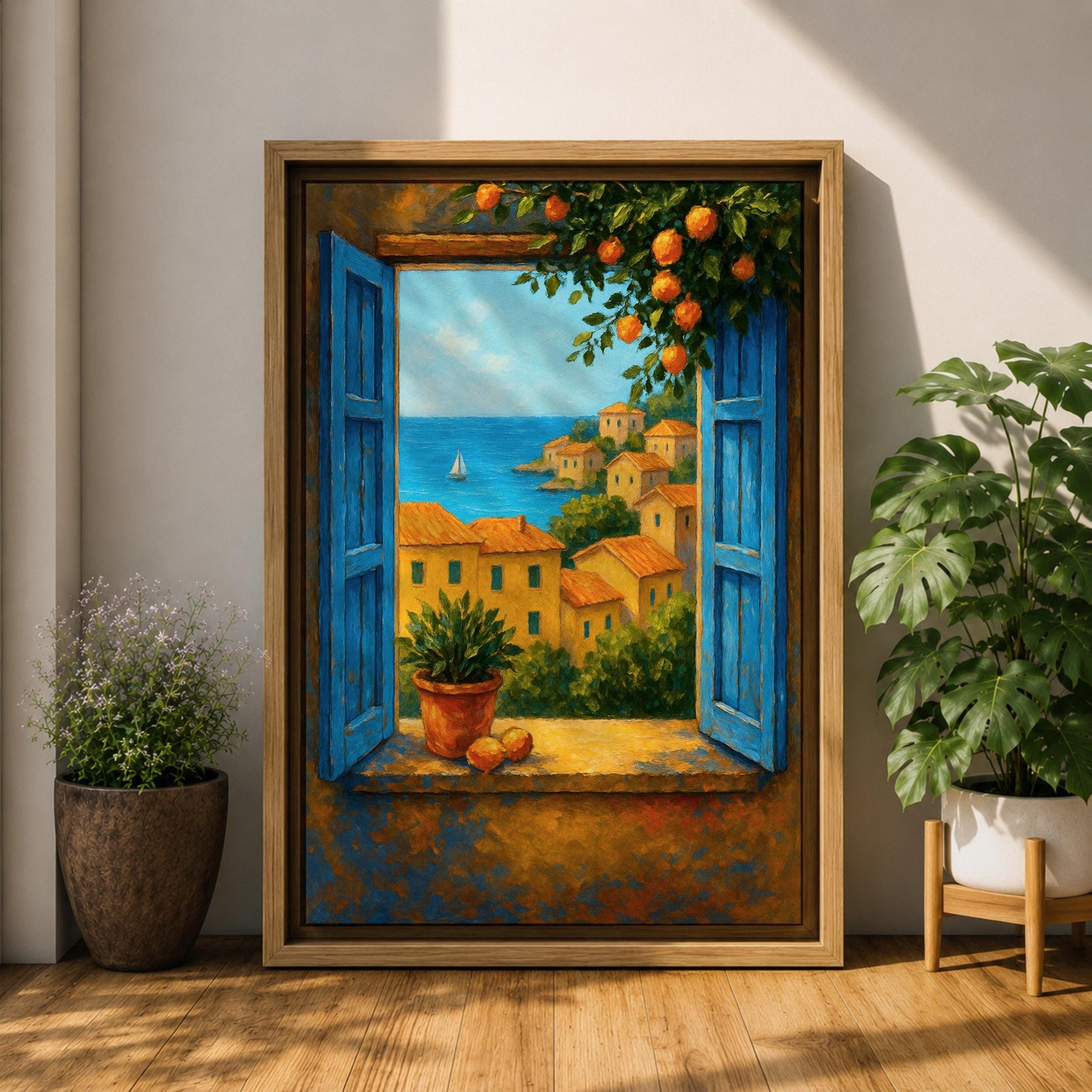A framed canvas painting depicting a Mediterranean window opening to a seaside coastal view with terracotta-roofed houses, lush greenery, and a distant sailboat on the blue sea, rendered in a realistic landscape style with vibrant colors and detailed brushwork.