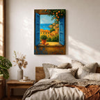 A framed canvas painting depicting a Mediterranean window opening to a seaside coastal view with terracotta-roofed houses, lush greenery, and a distant sailboat on the blue sea, rendered in a realistic landscape style with vibrant colors and detailed brushwork.