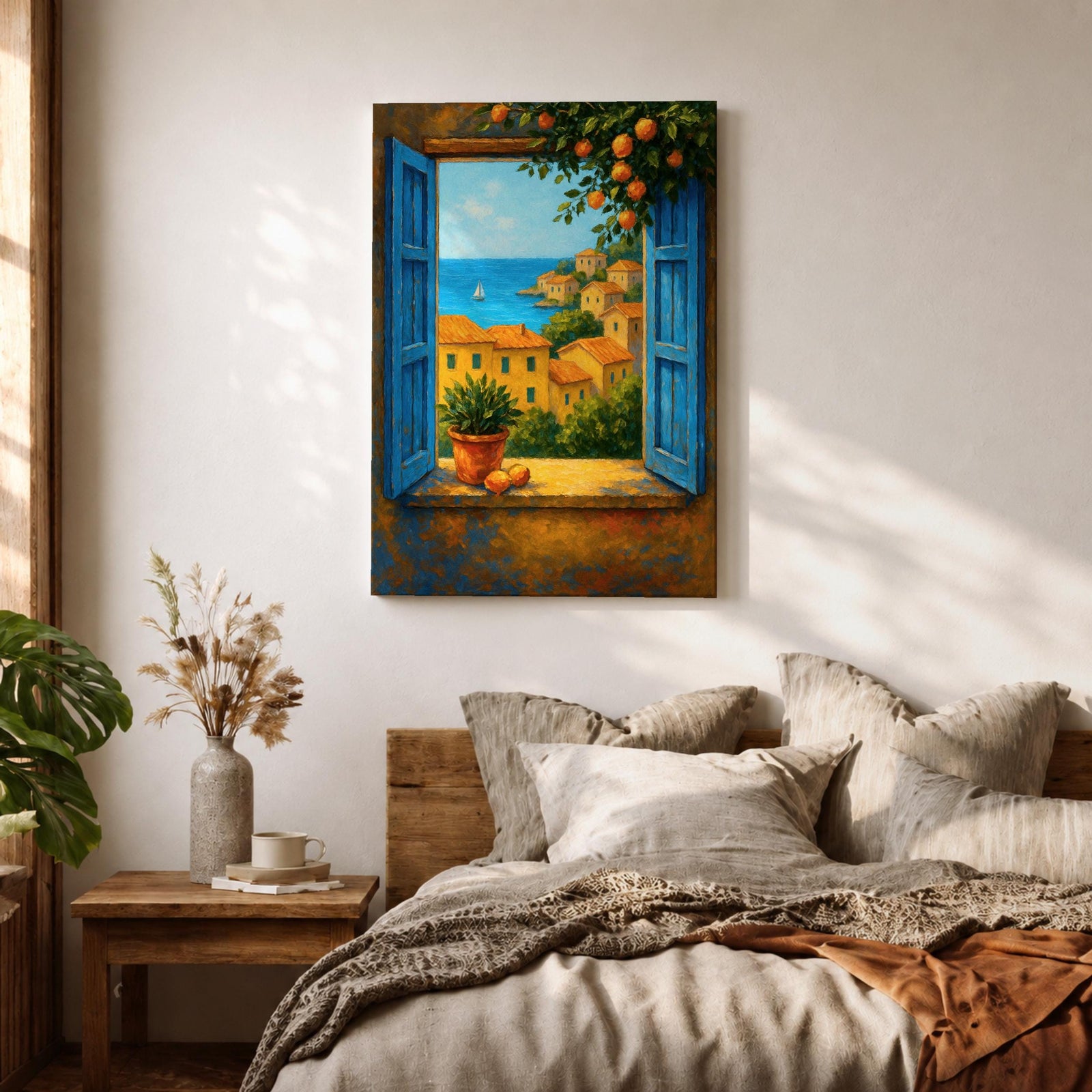 A framed canvas painting depicting a Mediterranean window opening to a seaside coastal view with terracotta-roofed houses, lush greenery, and a distant sailboat on the blue sea, rendered in a realistic landscape style with vibrant colors and detailed brushwork.