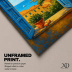 A framed canvas painting depicting a Mediterranean window opening to a seaside coastal view with terracotta-roofed houses, lush greenery, and a distant sailboat on the blue sea, rendered in a realistic landscape style with vibrant colors and detailed brushwork.