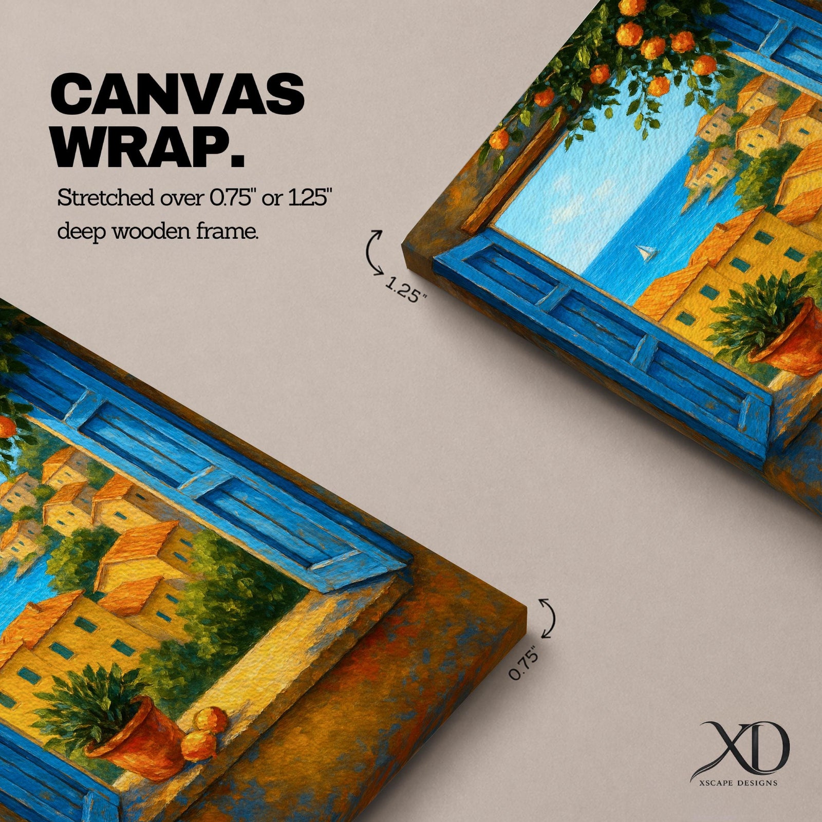 A framed canvas painting depicting a Mediterranean window opening to a seaside coastal view with terracotta-roofed houses, lush greenery, and a distant sailboat on the blue sea, rendered in a realistic landscape style with vibrant colors and detailed brushwork.