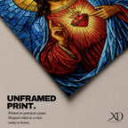 A stained glass style depiction of the Sacred Heart of Jesus shows Jesus with long hair and beard, wearing a red robe and blue cloak. His heart is radiant with light, crowned with a cross and surrounded by thorns. The background features geometric blue and gold stained glass tiles forming a halo.