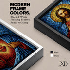 A stained glass style depiction of the Sacred Heart of Jesus shows Jesus with long hair and beard, wearing a red robe and blue cloak. His heart is radiant with light, crowned with a cross and surrounded by thorns. The background features geometric blue and gold stained glass tiles forming a halo.