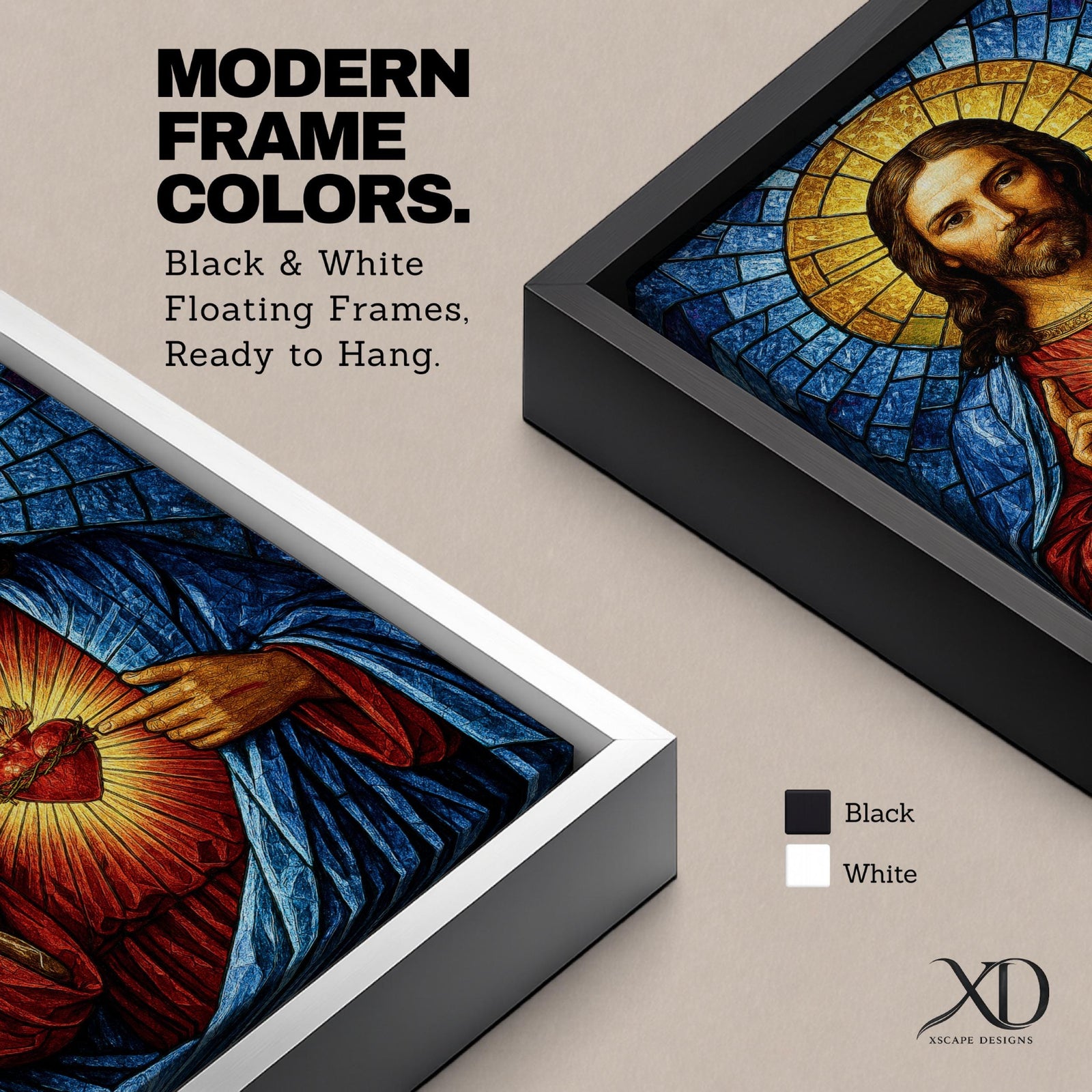 A stained glass style depiction of the Sacred Heart of Jesus shows Jesus with long hair and beard, wearing a red robe and blue cloak. His heart is radiant with light, crowned with a cross and surrounded by thorns. The background features geometric blue and gold stained glass tiles forming a halo.